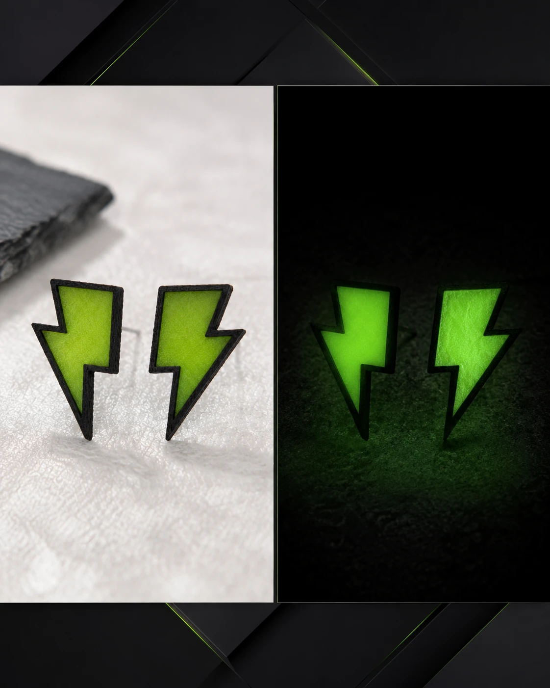 Pendientes Lightning en verde de dia y glow verde